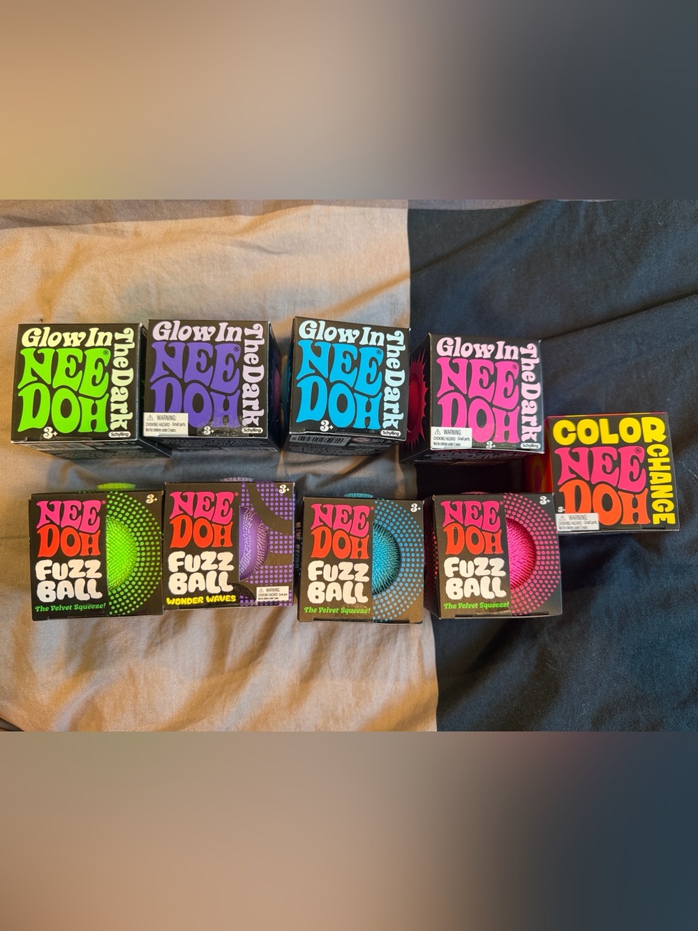Nee Doh Bundle of 9 - Fuzz Balls, Glow in the Dark Balls & Color Changing Ball